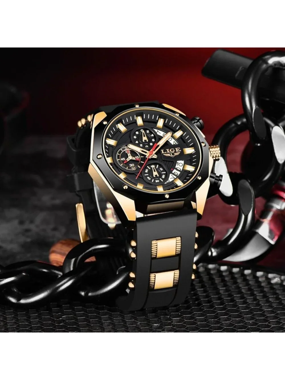 Men's Black Gold Analog Quartz Unique Vintage Chronograph Waterproof Wrist Watch